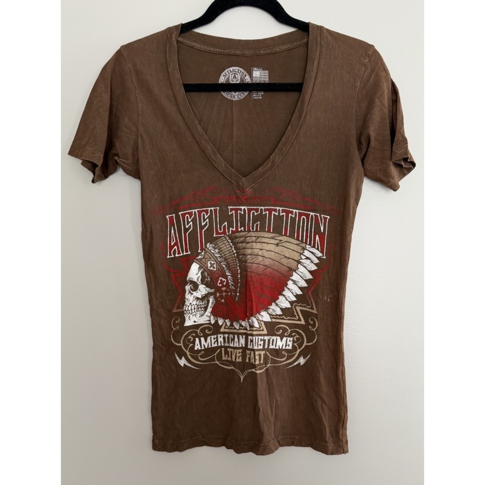 Y2K Affliction American Customs Motorcycle Distressed Shirt Brown Women's Size S
